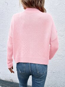 SHEIN Women's Solid Color Stand Collar Casual Versatile Daily Wear Long Sleeve Sweater - Pink - View 3