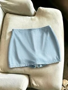 SHEIN Franclia 韓式簡約淺藍色開衩高腰裙褲，女款休閒裙褲，優雅女款裙褲，四季女款裙褲，四季穿搭，鄉村風裙褲，女款鄉村風服飾，鄉村風，女款度假穿搭，女款休閒裙褲，優雅女款裙褲，新款女款裙褲 - 藍色 - 查看 3