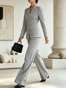 SHEIN Fall Winter Women Grey 2 Pieces Suit, Notched Lapel Cross Wrap Blazer & High Waist Wide Leg Pants, Elegant Gold Button Office Set For Office Party - Grey - View 6