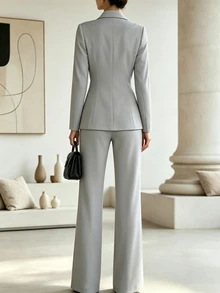 SHEIN Fall Winter Women Grey 2 Pieces Suit, Notched Lapel Cross Wrap Blazer & High Waist Wide Leg Pants, Elegant Gold Button Office Set For Office Party - Grey - View 2