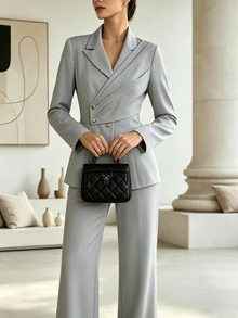 SHEIN Fall Winter Women Grey 2 Pieces Suit, Notched Lapel Cross Wrap Blazer & High Waist Wide Leg Pants, Elegant Gold Button Office Set For Office Party - Grey - View 7