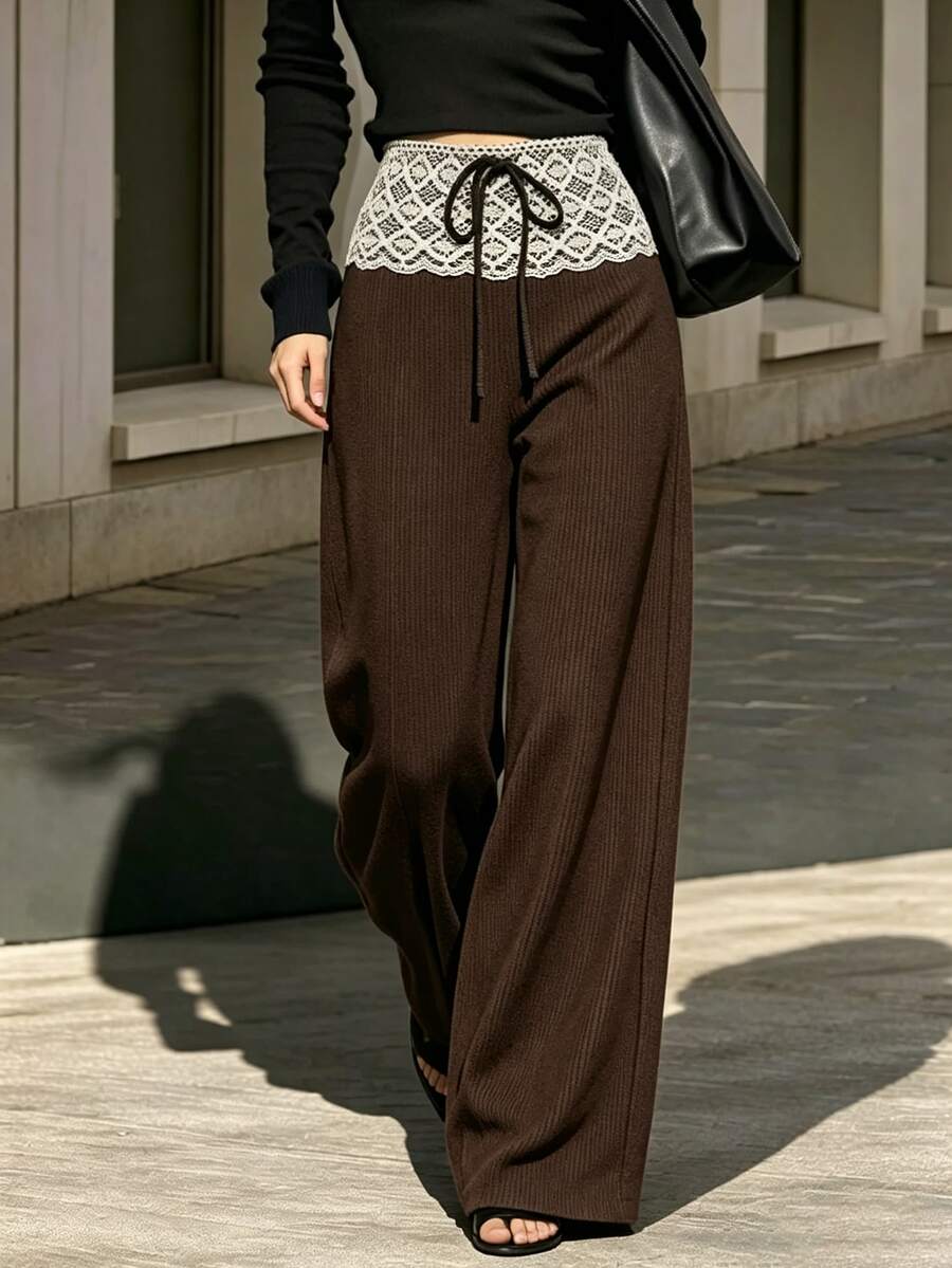 SHEIN Women's Solid Deep Brown Textured Lace Panel Tie-Wide Leg Pants, Casual And Minimalist For Fall And Winter, Versatile For Daily Wear And Commuting