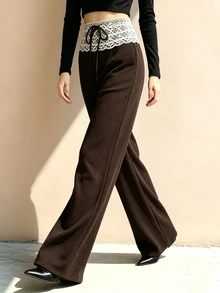 SHEIN Women's Solid Deep Brown Textured Lace Panel Tie-Wide Leg Pants, Casual And Minimalist For Fall And Winter, Versatile For Daily Wear And Commuting - Coffee Brown - View 8