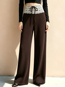 SHEIN Women's Solid Deep Brown Textured Lace Panel Tie-Wide Leg Pants, Casual And Minimalist For Fall And Winter, Versatile For Daily Wear And Commuting - Coffee Brown - View 6