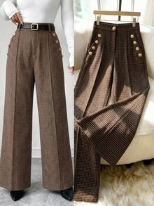 EMERY ROSE Celana Panjang Wanita Motif Kotak-kotak, Lebar, Longgar, Elegan dengan Kantong - Coklat - View 1