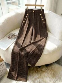 EMERY ROSE Celana Panjang Wanita Motif Kotak-kotak, Lebar, Longgar, Elegan dengan Kantong - Coklat - View 9