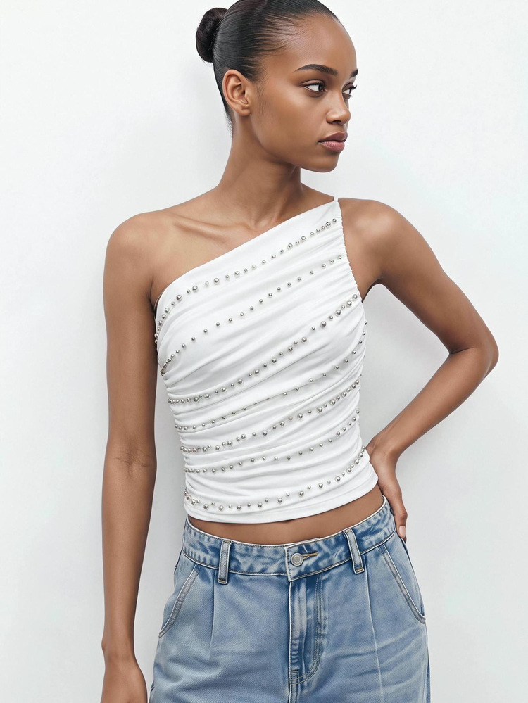 Maija Women's Summer Fashion Beaded Decor One Shoulder Top, Going Out Brunch Night Out , Work For Women, Fall White Sexy - White - View 6