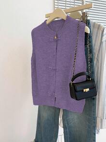 SHEIN Women's New Autumn Winter Purple Chinese Frog Button Knit Vest, Elegant Casual Round Neck Sleeveless Cardigan, Vintage Chinese Style Daily Wear - Purple - View 6