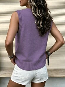 SHEIN Women's New Autumn Winter Purple Chinese Frog Button Knit Vest, Elegant Casual Round Neck Sleeveless Cardigan, Vintage Chinese Style Daily Wear - Purple - View 3