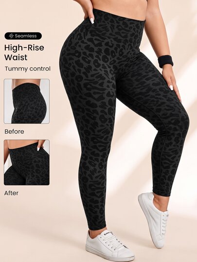 SHEIN Rhythm Era Leggings de sport grande taille pour femmes, imprimé léopard, taille haute, effet galbant et rehausseur de fesses