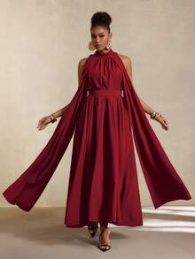 SHEIN Gaun Longgar Polos Warna Burgundy Elegan dengan Detail Ikat dan Kerut untuk Wanita - Burgundy - View 5