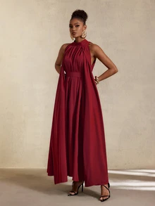 SHEIN Gaun Longgar Polos Warna Burgundy Elegan dengan Detail Ikat dan Kerut untuk Wanita - Burgundy - View 4