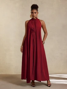 SHEIN Gaun Longgar Polos Warna Burgundy Elegan dengan Detail Ikat dan Kerut untuk Wanita - Burgundy - View 8