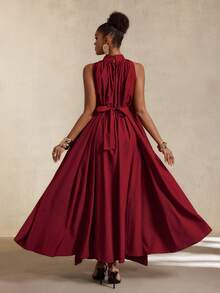 SHEIN Gaun Longgar Polos Warna Burgundy Elegan dengan Detail Ikat dan Kerut untuk Wanita - Burgundy - View 3
