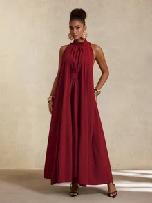 SHEIN Gaun Longgar Polos Warna Burgundy Elegan dengan Detail Ikat dan Kerut untuk Wanita - Burgundy - View 6