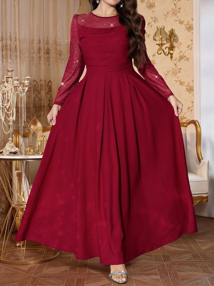 SHEIN Clasi Plus Size Women's Patchwork Rhinestone Mesh Pleated Elegant Dress Autumn Wedding Formal Burgundy