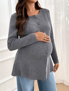 SHEIN Maternity Solid Color Round Neck Long Sleeve Single-Breasted Knit Cardigan Winter - Grey - View 6