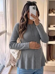 SHEIN Maternity Solid Color Round Neck Long Sleeve Single-Breasted Knit Cardigan Winter - Grey - View 2