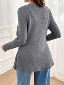 SHEIN Maternity Solid Color Round Neck Long Sleeve Single-Breasted Knit Cardigan Winter - Grey - View 7