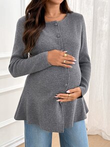 SHEIN Maternity Solid Color Round Neck Long Sleeve Single-Breasted Knit Cardigan Winter - Grey - View 4