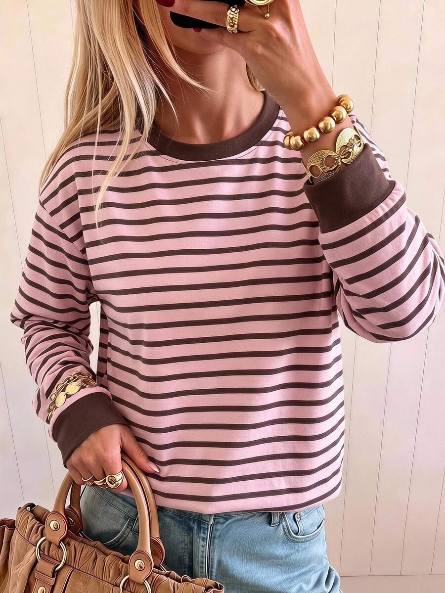 SHEIN LUNE Women's Casual Preppy Versatile Dusty Pink Contrast Color Long Sleeve Sweatshirt For Daily Wear Everyday Date Brunch School Autumn