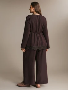 Freevana Square Neck Peplum Top And Wide-Leg Pants Two Pieces Set With Lace Hem, High-Waist Elegant Outfit Fall - Mocha Brown - View 2