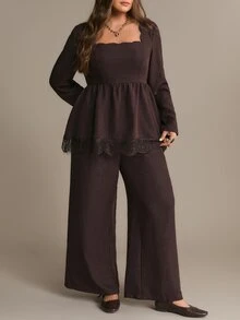 Freevana Square Neck Peplum Top And Wide-Leg Pants Two Pieces Set With Lace Hem, High-Waist Elegant Outfit Fall - Mocha Brown - View 5