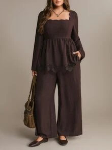 Freevana Square Neck Peplum Top And Wide-Leg Pants Two Pieces Set With Lace Hem, High-Waist Elegant Outfit Fall - Mocha Brown - View 4
