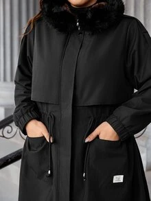 SHEIN Clasi 大尺碼女款長袖拼接毛邊連帽夾克，秋季時尚休閒西式可愛黑色外套，適合度假與商務場合 - 黑色 - 查看 3