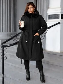 SHEIN Clasi 大尺碼女款長袖拼接毛邊連帽夾克，秋季時尚休閒西式可愛黑色外套，適合度假與商務場合 - 黑色 - 查看 5