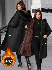 SHEIN Clasi 大尺碼女款長袖拼接毛邊連帽夾克，秋季時尚休閒西式可愛黑色外套，適合度假與商務場合 - 黑色 - 查看 10
