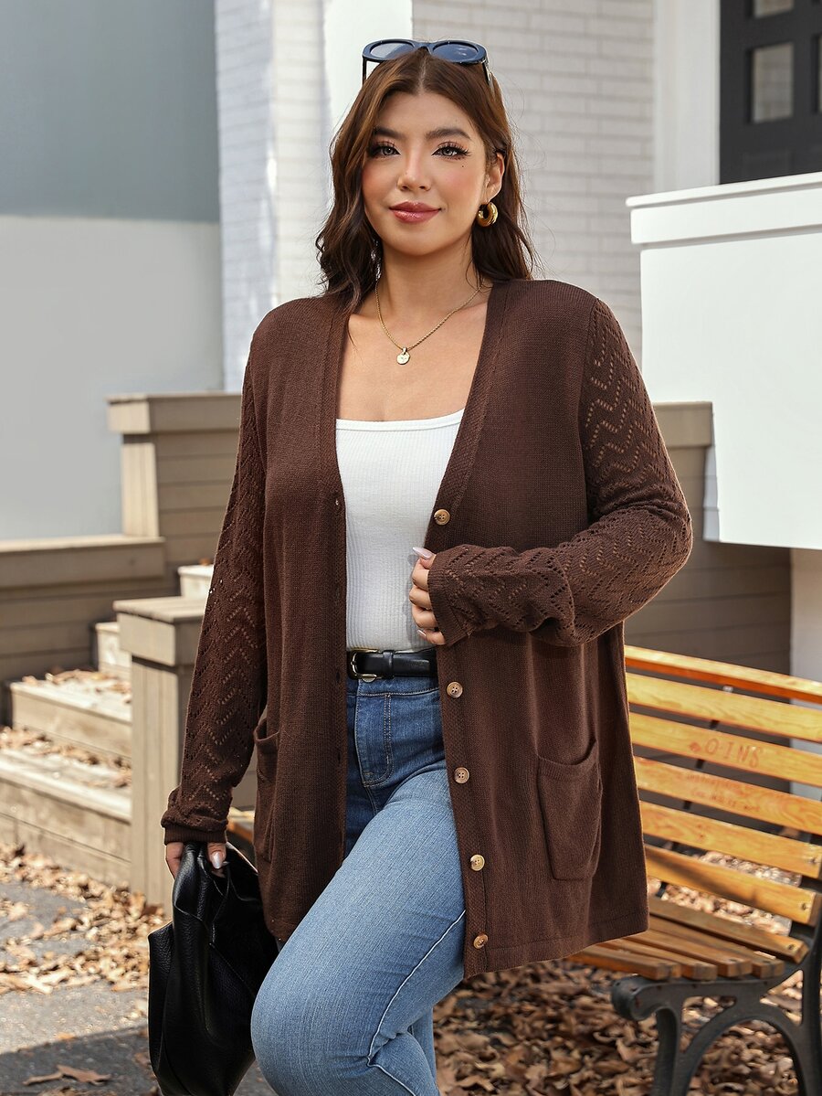 Comfylo Plus Size Women's Solid Color Fall Black Sweater Cardigan With Pockets Holiday Outfit Winter