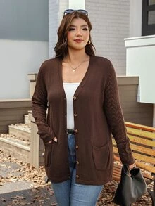 Comfylo Plus Size Women's Solid Color Fall Black Sweater Cardigan With Pockets Holiday Outfit Winter - Coffee Brown - View 5