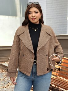 Comfylo 大尺碼女款羊毛混紡小格紋提花翻領短夾克，時尚百搭休閒日常穿搭，適合秋冬 - 彩色 - 查看 4