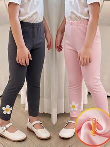 2pcs Girls Autumn/Winter Elegant Fashion Embroidered Floral Thick Fleece Warm Leggings - Dark Grey - View 3