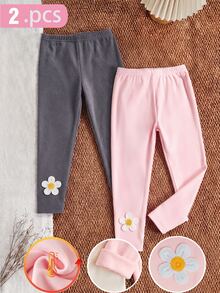 2pcs Girls Autumn/Winter Elegant Fashion Embroidered Floral Thick Fleece Warm Leggings - Dark Grey - View 4