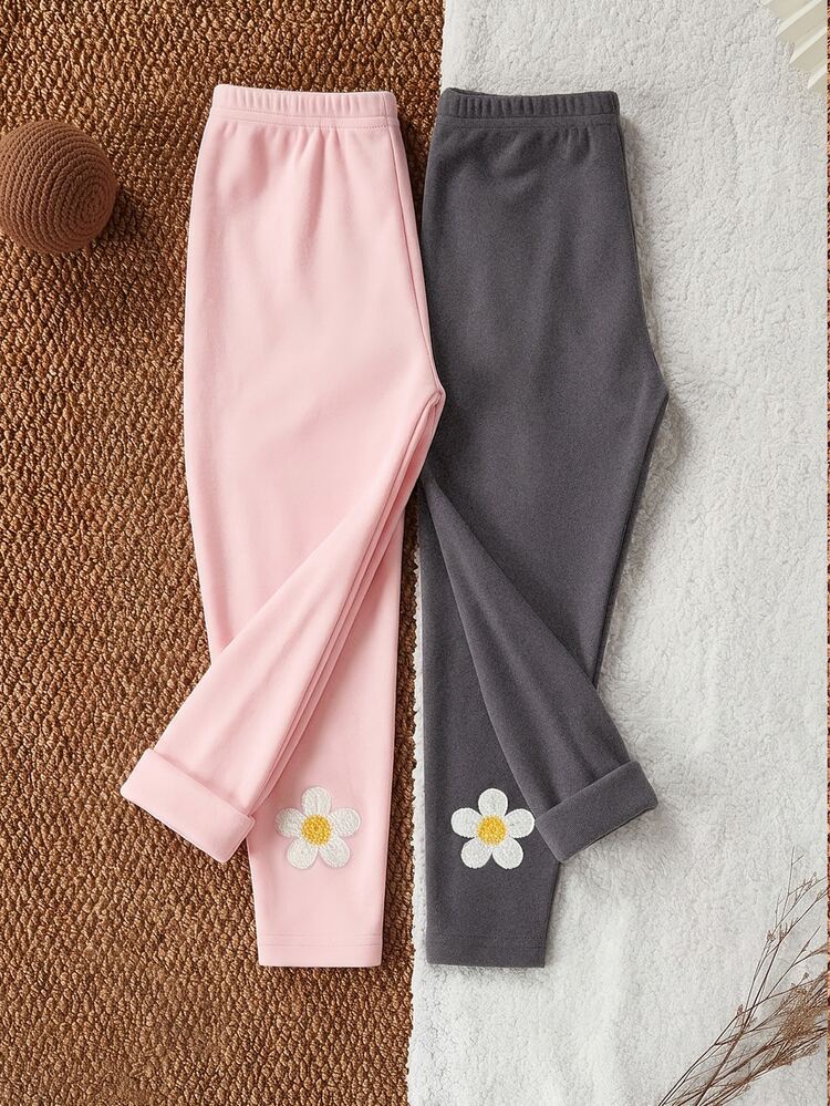 2pcs Girls Autumn/Winter Elegant Fashion Embroidered Floral Thick Fleece Warm Leggings - Dark Grey - View 2