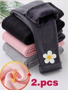 2pcs Girls Autumn/Winter Elegant Fashion Embroidered Floral Thick Fleece Warm Leggings - Dark Grey - View 8