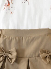 Tween女孩 春夏棕色系針織提花圓領荷葉袖T恤裙套裝 2件組 日常穿著 旅行 派對 校園 - 卡其色 - 查看 10