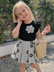 Elladie kids 2pcs Little Girl Coquette Sweet Daily Summer Ruffle Sleeve Top 3D Flower Decor Striped Floral Print Pleated Skirt Outfit Set - Black - View 5