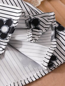 Elladie kids 2pcs Little Girl Coquette Sweet Daily Summer Ruffle Sleeve Top 3D Flower Decor Striped Floral Print Pleated Skirt Outfit Set - Black - View 7