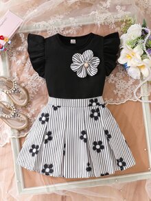 Elladie kids 2pcs Little Girl Coquette Sweet Daily Summer Ruffle Sleeve Top 3D Flower Decor Striped Floral Print Pleated Skirt Outfit Set - Black - View 8