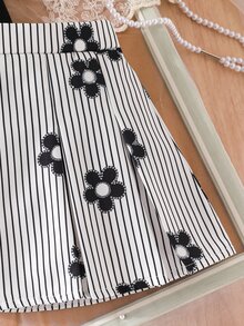 Elladie kids 2pcs Little Girl Coquette Sweet Daily Summer Ruffle Sleeve Top 3D Flower Decor Striped Floral Print Pleated Skirt Outfit Set - Black - View 9