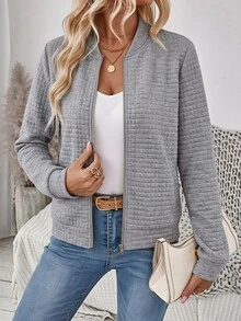 SHEIN LUNE Fashion Casual Jacquard Knit Light Grey Jacket, Suitable For Autumn/Winter Commute Everyday Holiday Wear, Women's Social Blouse - White - View 6