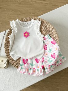 SHEIN 2件組夏季女童套裝，荷葉邊無袖上衣搭配可愛心形花卉印花短褲，適合日常休閒、度假穿著、生日，白色 - 白色 - 查看 9