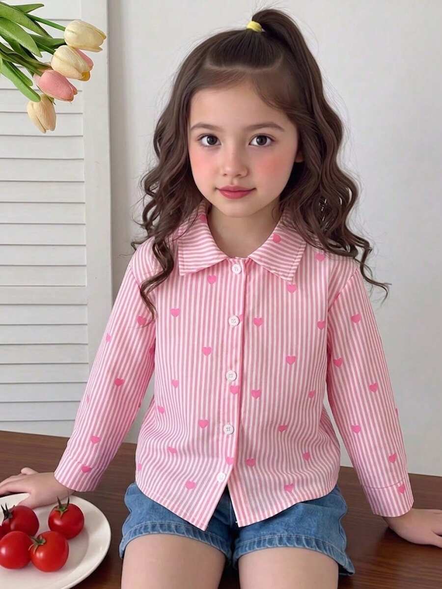 SHEIN 女童條紋愛心印花翻領鈕扣前開長袖襯衫,可愛休閒牛仔風寬鬆上衣,適合日常、生日、秋季穿著 - 粉色 - 查看 1