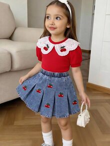 Elladie kids 两件套女童春夏套装，浅粉色短袖上衣+牛仔裙；泡泡袖荷叶边设计，胸前饰有蓝色刺绣蝴蝶结，百褶裙饰有粉色刺绣蝴蝶结，甜美可爱风格，适合日常外出和亲子活动 - 彩色 - 查看 2