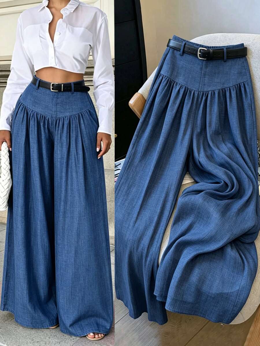 Elenzga Navy Blue Elegant Denim Flowy Wide Leg Pants, Textured Fabric, Suitable For Work Business And Casual Wear Autumn - Dusty Blue - View 1
