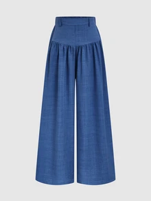 Elenzga Navy Blue Elegant Denim Flowy Wide Leg Pants, Textured Fabric, Suitable For Work Business And Casual Wear Autumn - Dusty Blue - View 5
