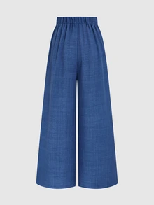 Elenzga Navy Blue Elegant Denim Flowy Wide Leg Pants, Textured Fabric, Suitable For Work Business And Casual Wear Autumn - Dusty Blue - View 6
